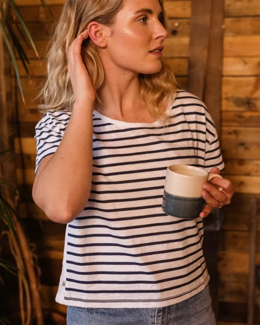 Magnolia Recycled Cotton Crochet Trim T-Shirt - Navy Stripe