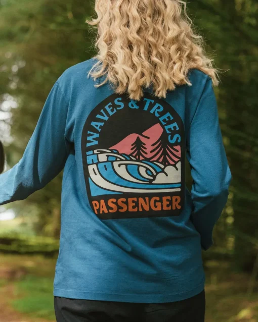 Waves u0026 Trees Recycled Cotton Long Sleeve T-Shirt - Tidal Blue