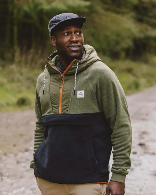Woodland Hooded Half Zip Recycled Polar Fleece - True Black/ Khaki Green
