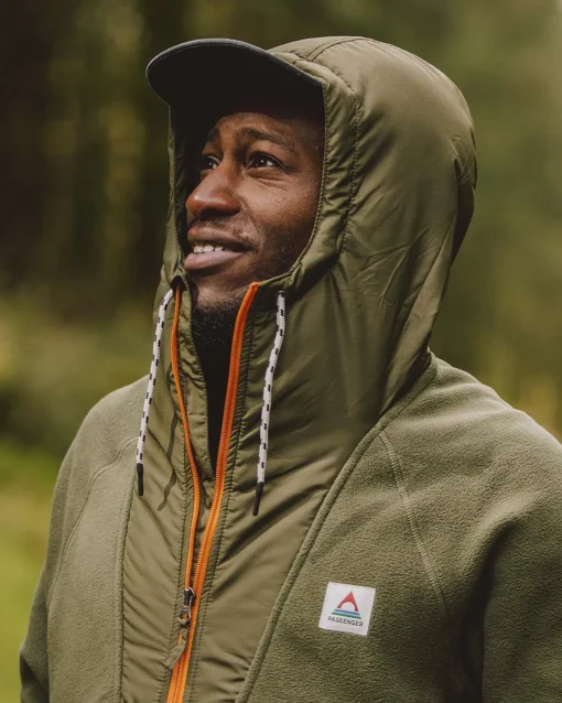 Woodland Hooded Half Zip Recycled Polar Fleece - True Black/ Khaki Green